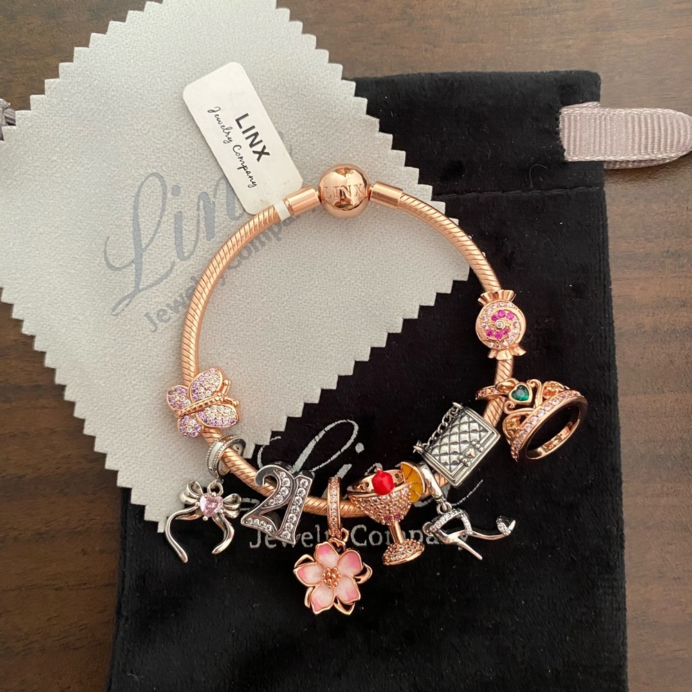 Linx Rose Gold Snake Chain Bracelet with 21st Birthday Themed Charms